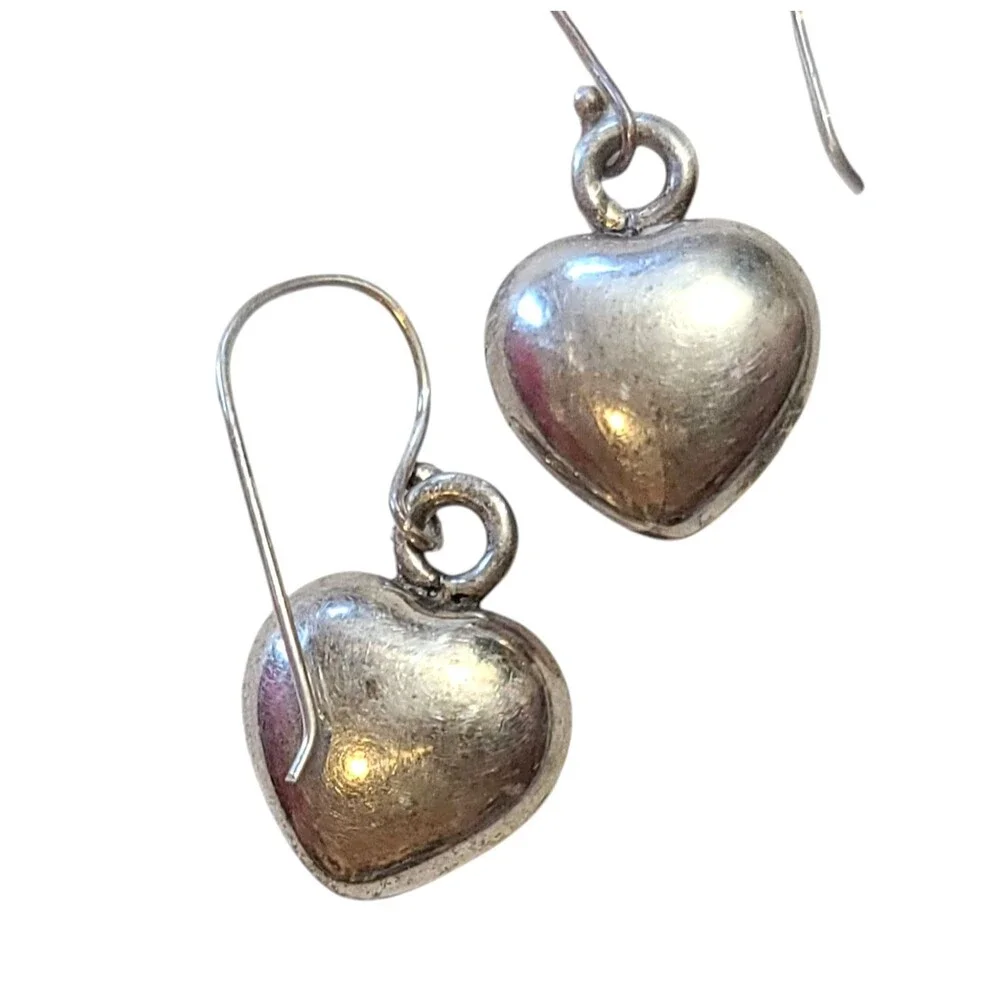 Vintage Sterling Silver 925 Heart Dangle Drop Earrings Silver Tone